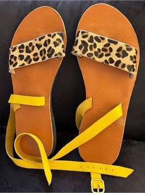 Sseko Leopard Print & Yellow Strap Leather Sandals